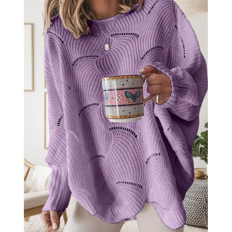 

Весна Осень Зима Женский Пуловер с Ажурной Вязкой Крючком Элегантный Свободный Трикотажный Пуловер Женский Повседневный С Круглым Вырезом Однотонный Свитер XXXL фиолетовый