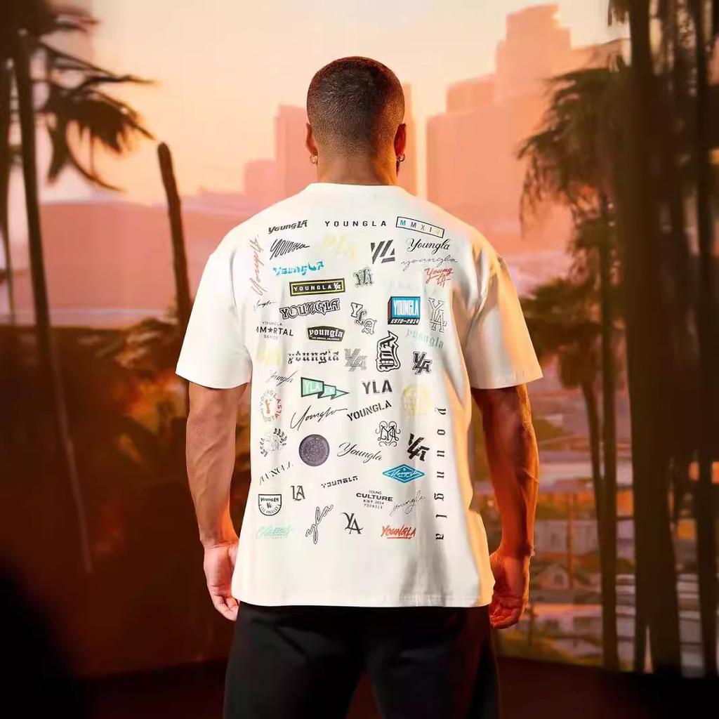 Summer Full Back Printed Short-Sleeved Men'S Loose 240G Celebrity Wall T-Shirt Cotton Round Neck Casual Fitness Sports Short-Sleeved Men