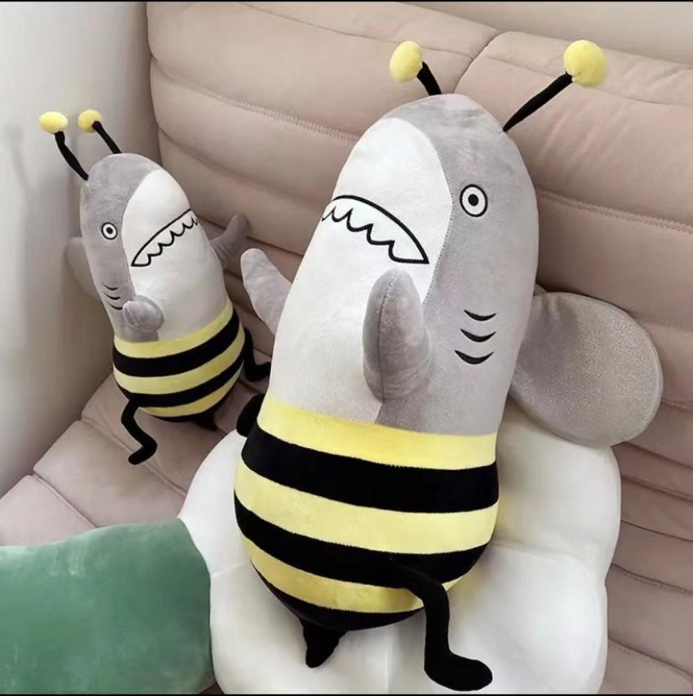 Bee Shark Plush Toy Cartoon Stuffed Animal Fluffy Doll Throw Pillow Home Decorations Kids Birthday