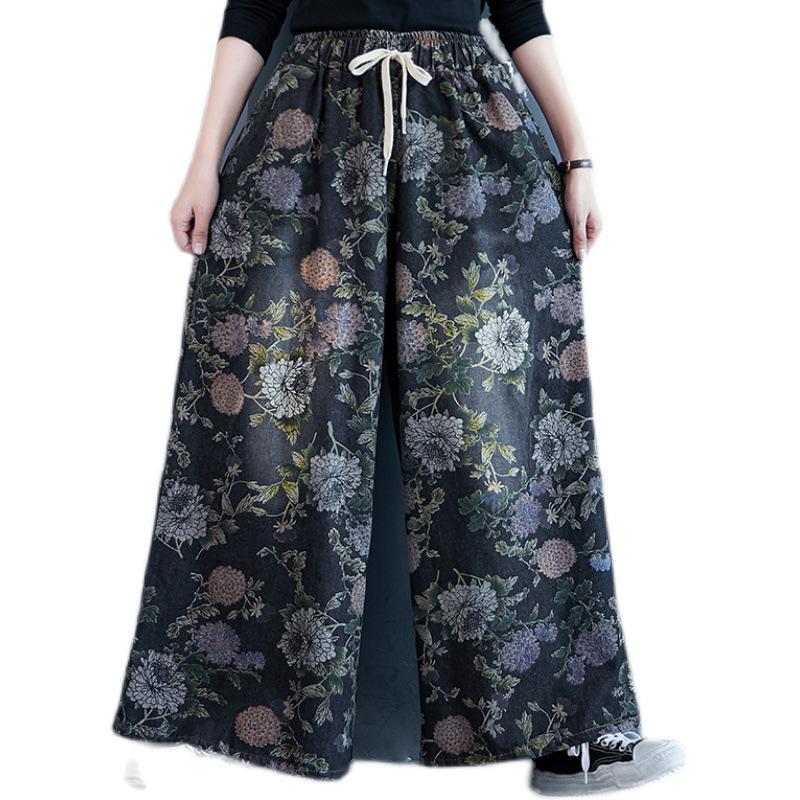 Pantalon-jupe en jean imprimé taille haute rétro à jambes larges