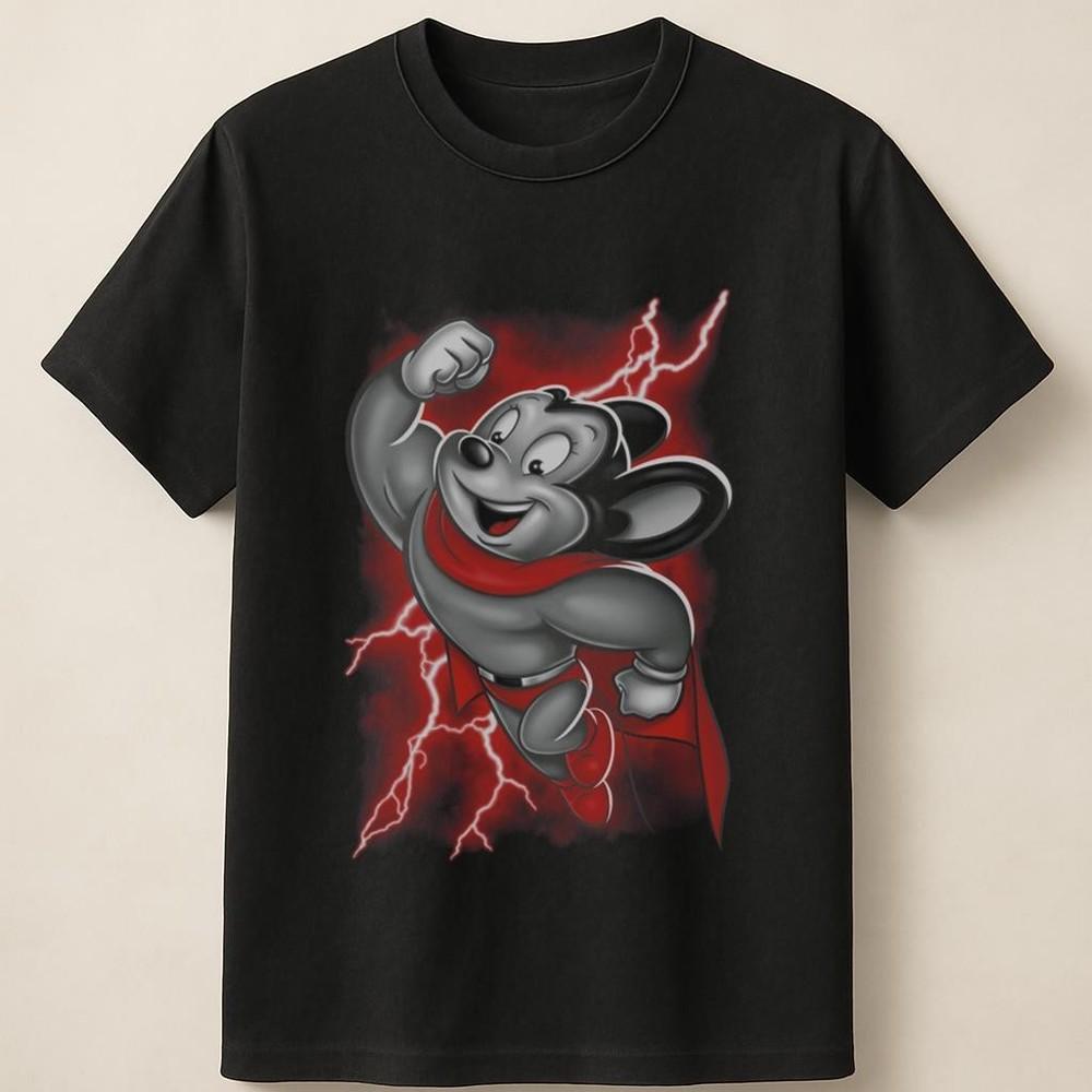 Mighty Mouse Flying Through Lightning Classic Hero Graphic Unisex T Shirt Unisex T-Shirt XXL