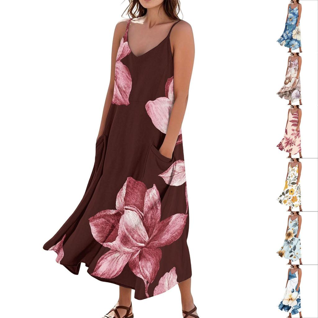 Women's Casual Tie- Floral Print Sleeveless Pocket Dress