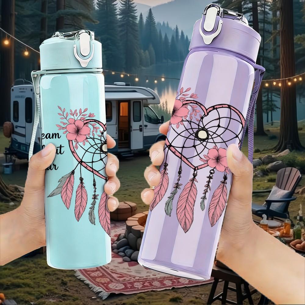 1PC Boho Dreamcatcher Letter Graphic 750ml Color Plastic Sports Water Bottle Leakproof Flip Straw Lid Suitable for Sports Office Home Use