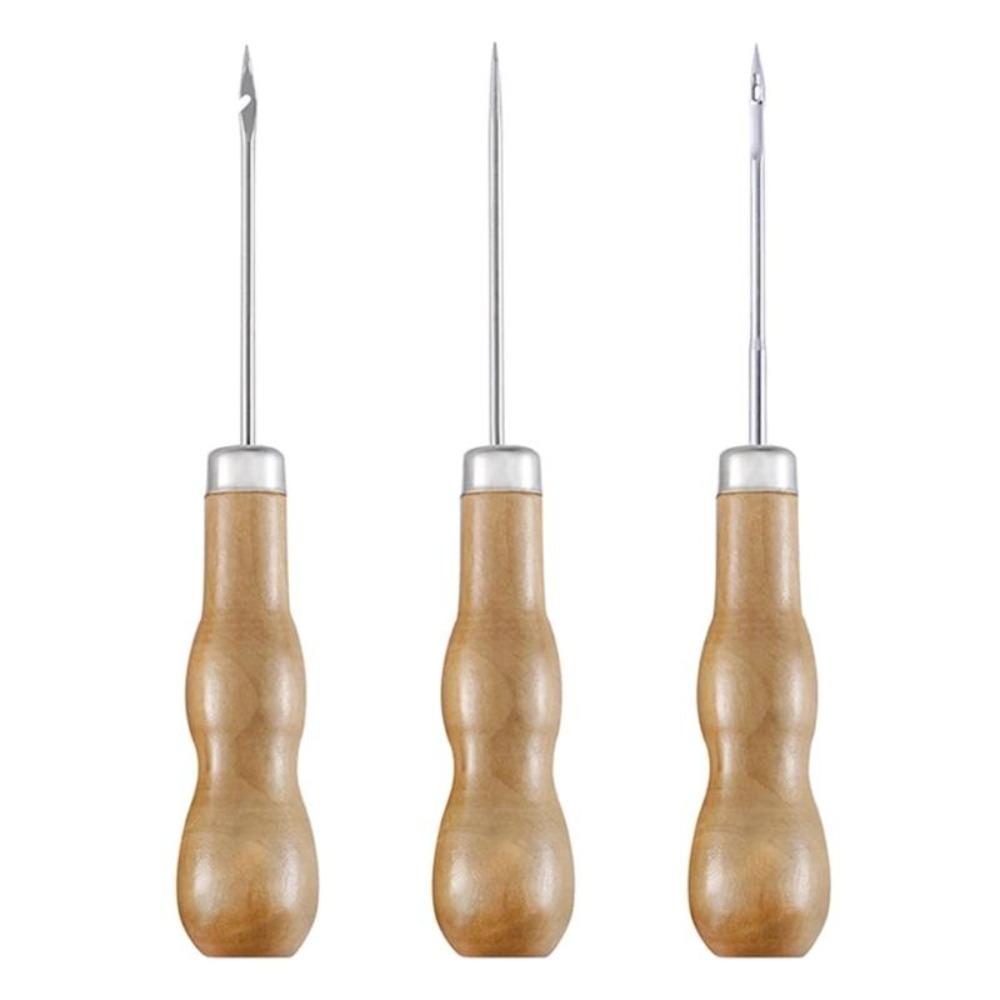 3PCS/SET Wooden Handle Sewing Awl Hand Stitcher Leathe Punch Tool DIY Shoe Repair Hook Tool Leather Accessories