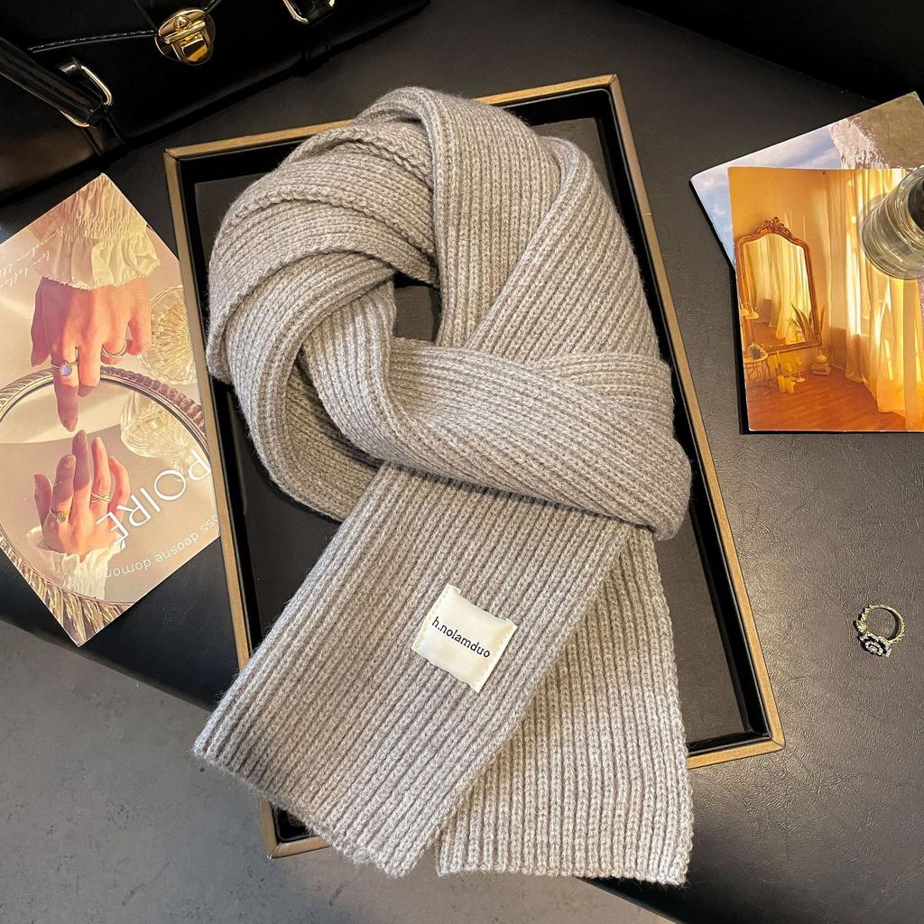Korean cotton knitted wool scarf women's autumn and winter atmosphere white thickened warm solid color scarf