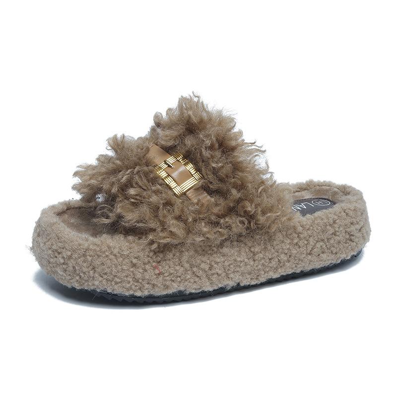 

Thick-bottomed fluffy slippers for outer wear in autumn and winter 2025 New belt buckle bow home plush cotton slippers 40