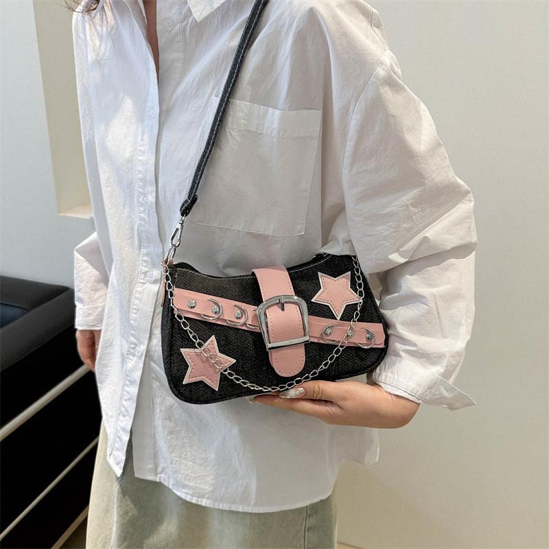 2024 Women's Spring Korean Style Armpit Bag Street Chic Denim Shoulder Bag Casual Small Square Bag Trendy Chain Bag Black