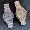 ICEDIAMOND 42mm Ice Out Baguette CZ Diamond Calendar Wristwatch Gold Plated Zirconia Round Dial Quartz Bangle Men's