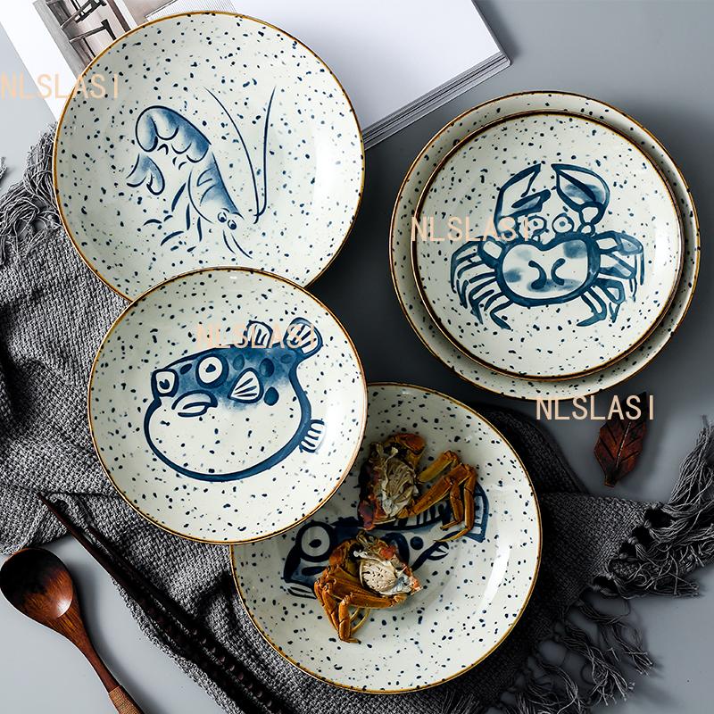 1pcs Ceramic Circular Dish Home Sushi Plate Japanese Seafood Dessert Plate Underglaze Colour Household Items Dinner Plates Set