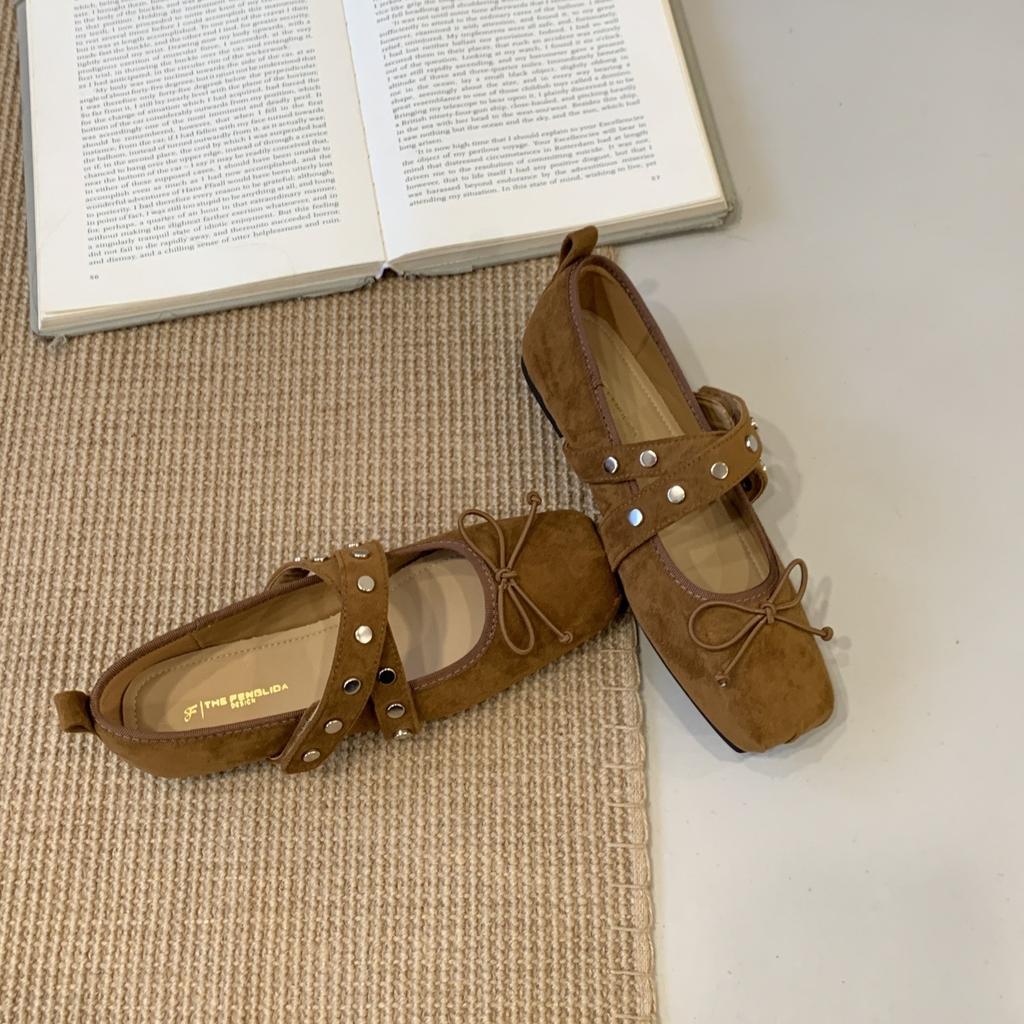 FengLiDa Retro Square Head with Single Shoes Women's 2025 Autumn Bow Light Mouth Commuting Ladyshoes Grandma Shoes