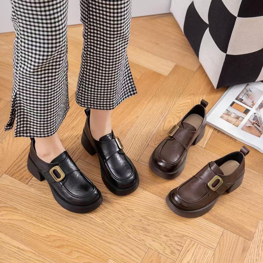 The First Layer of Cowhide British Fashion Women's Single Shoes Autumn New Round Head Platform Shoes Thick Heel Retro Small Leather Shoes