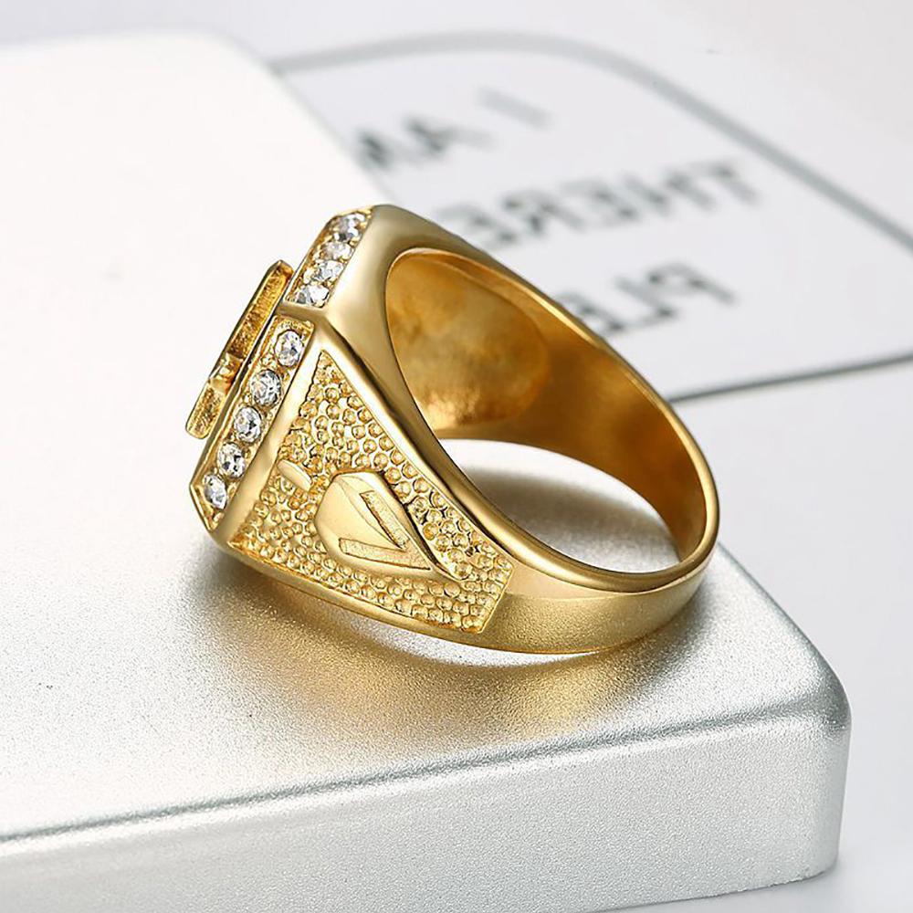 Hip Hop Freimaurer Ring für Männer 316L Edelstahl Iced Out Bling CZ Kristall Freimaurer Ringe Goldfarbe Mode Amulett Schmuck