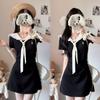 Spring and Summer College Style Navy Collar Black Short-sleeved Dress Women's Summer Waist and Thin Temperament Short Skirt Tie-dye