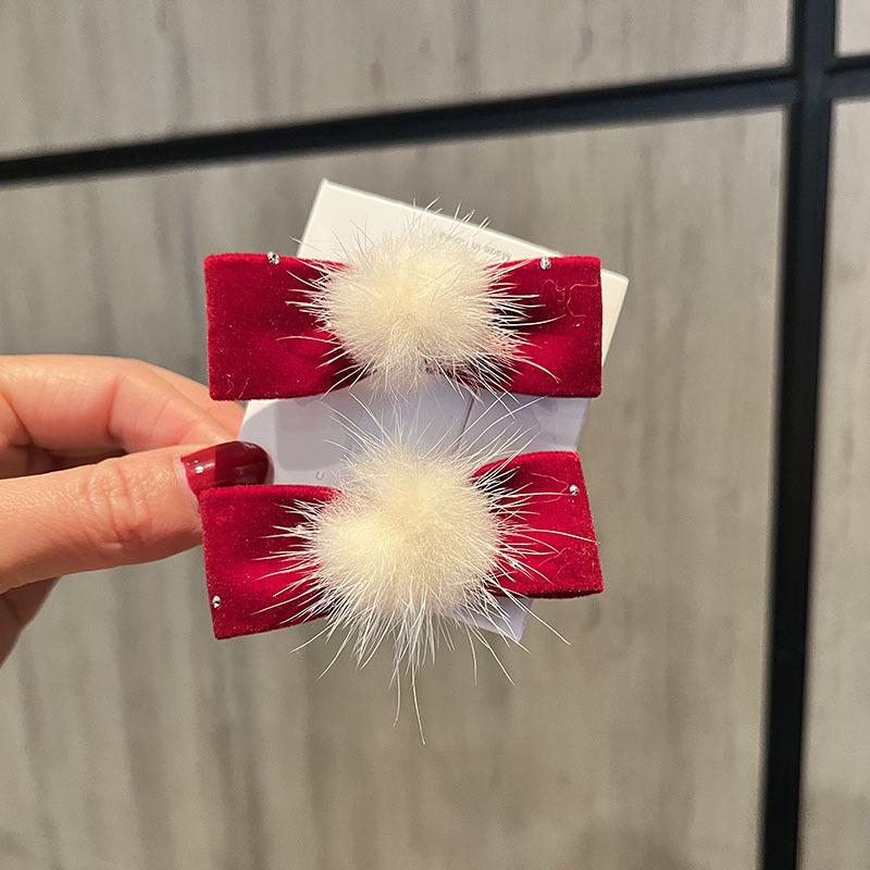 Red New Year Pearl Tassel Pompon Hair Clips for Children - Hanfu Style
