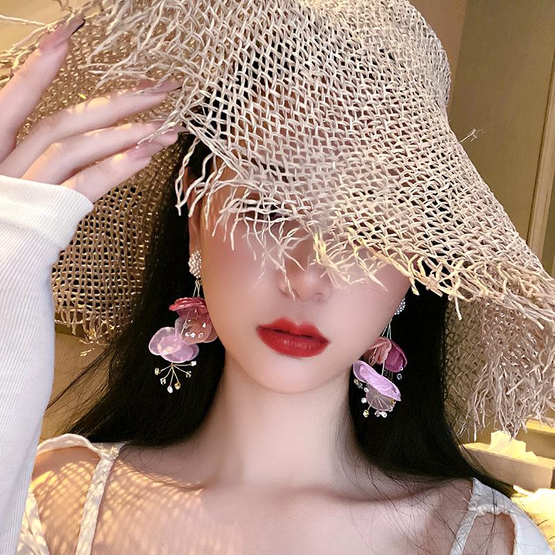 Bohemian Pink Big Chiffon Flower Earrings For Women Handmade Pearl Crystal Earrings Multi Layers Earrings Zircon