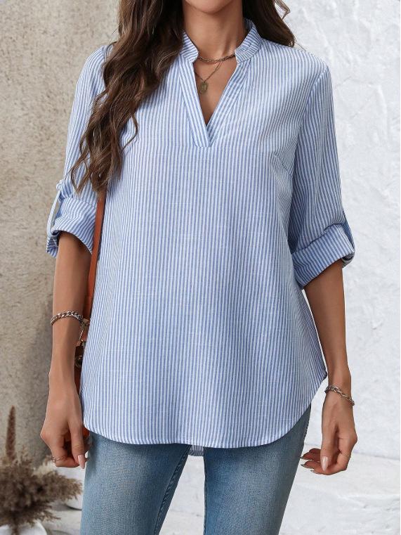 In Stock 2025 V-neck Casual Striped Long-Sleeved Shirt for Spring and Autumn in Europe and America Style