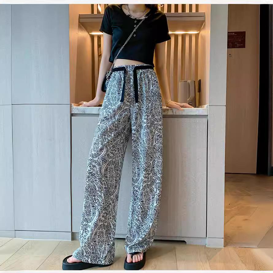 Women's Plus Size Straight Thin Section Pant Summer Ethnic Style Loose Draping Printed Wide-legged Trousers Tide