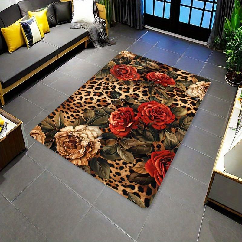 VIKAMA Vintage Leopard Print And Floral Pattern Rug Machine Washable Suitable For Entrances, Living Rooms, Bedrooms Home Decor