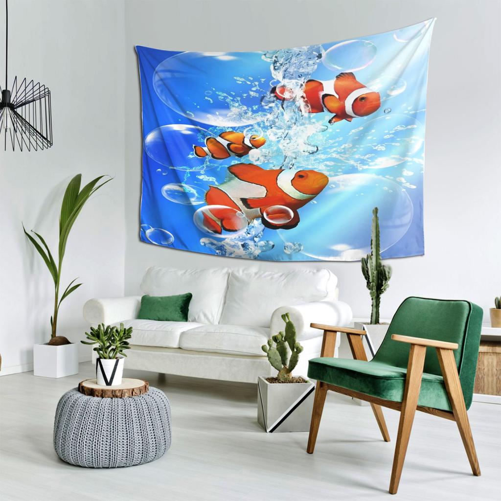 Fresh Ocean Wind Clown Fish Tapestry Blue Underwater Bubbles Water Splash Print Wild Animal Nature Wildlife