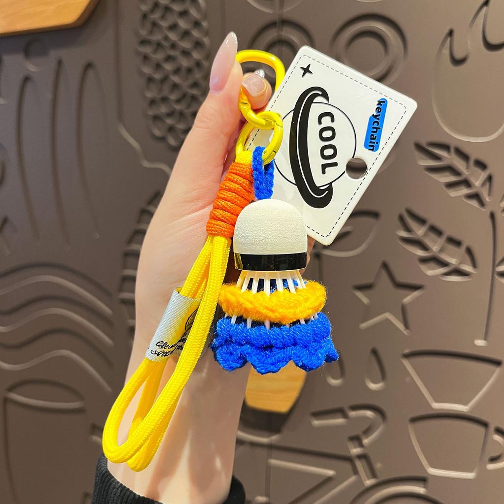 Cute Crochet Badminton Keychain, Handmade Shuttlecock Bag Charm with Braided Rope Clip