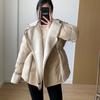 European Station suit collar leather down splicing lamb wool loose and thin hooded down jacket women's short winter
