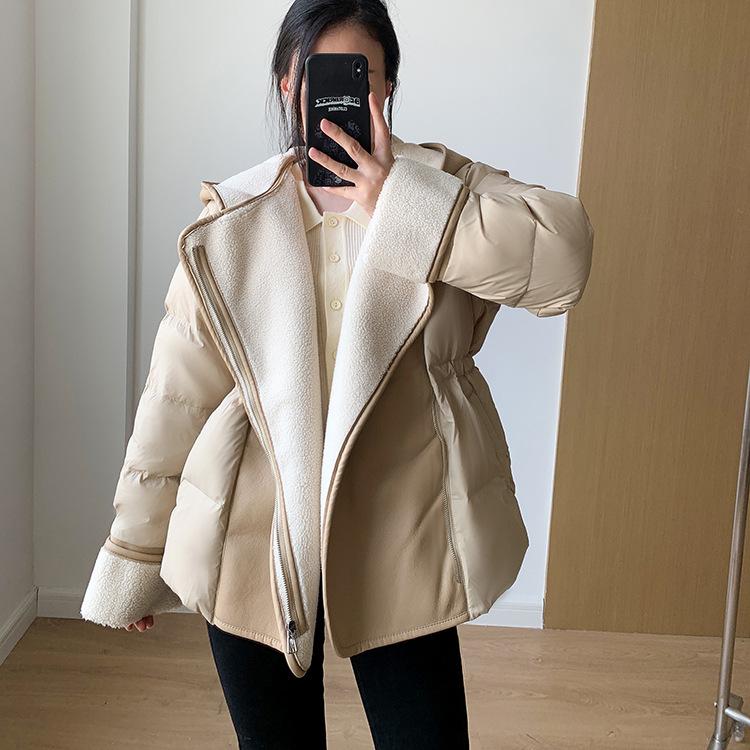 European Station suit collar leather down splicing lamb wool loose and thin hooded down jacket women's short winter