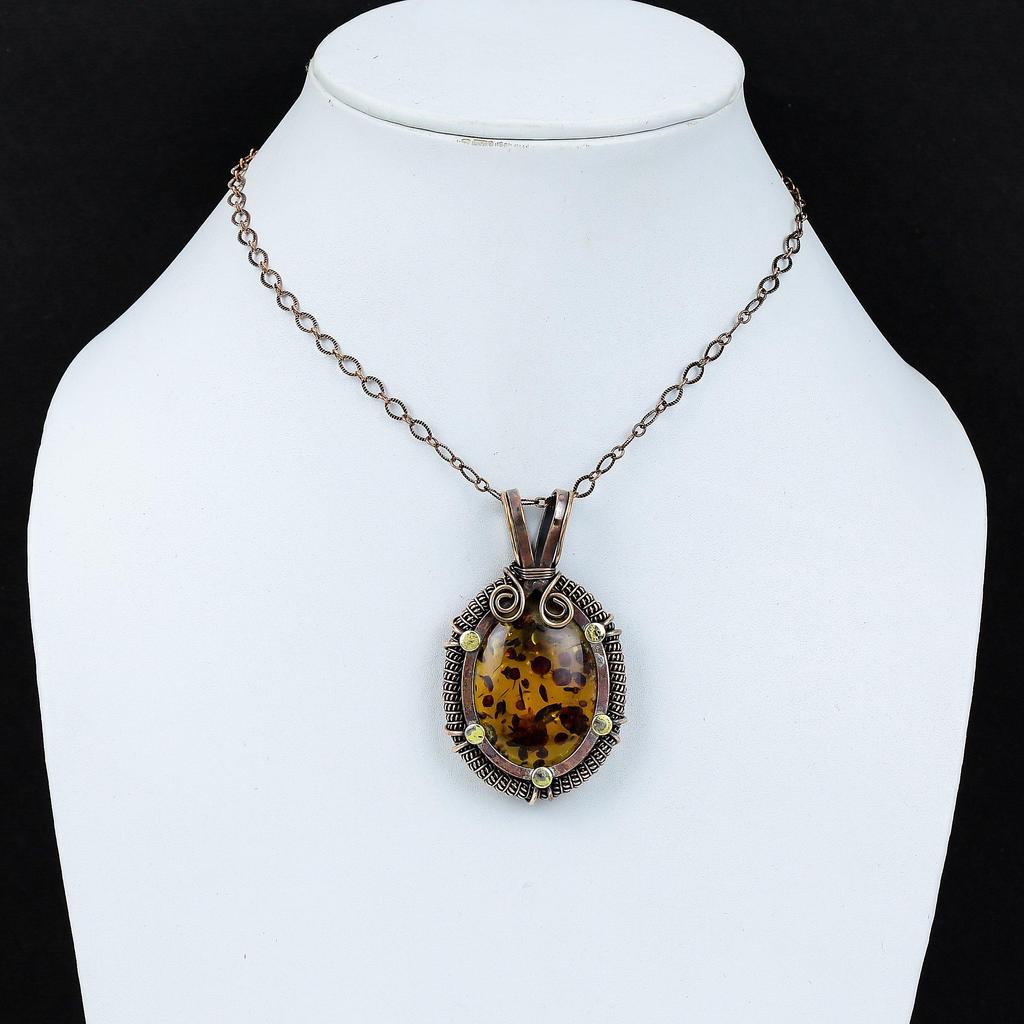 Baltic Amber Gemstone Pure Copper Wire Wrapped Handmade Pendant Jewelry