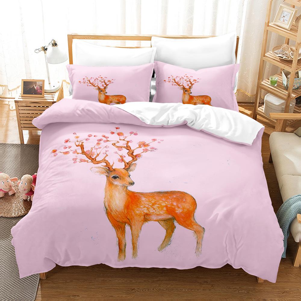 Elk Duvet Cover Set 3D Print Cartoon Elk Colourful Background Flowers Leaves King Size for Kids Boys Girl Polyester Bedding Set