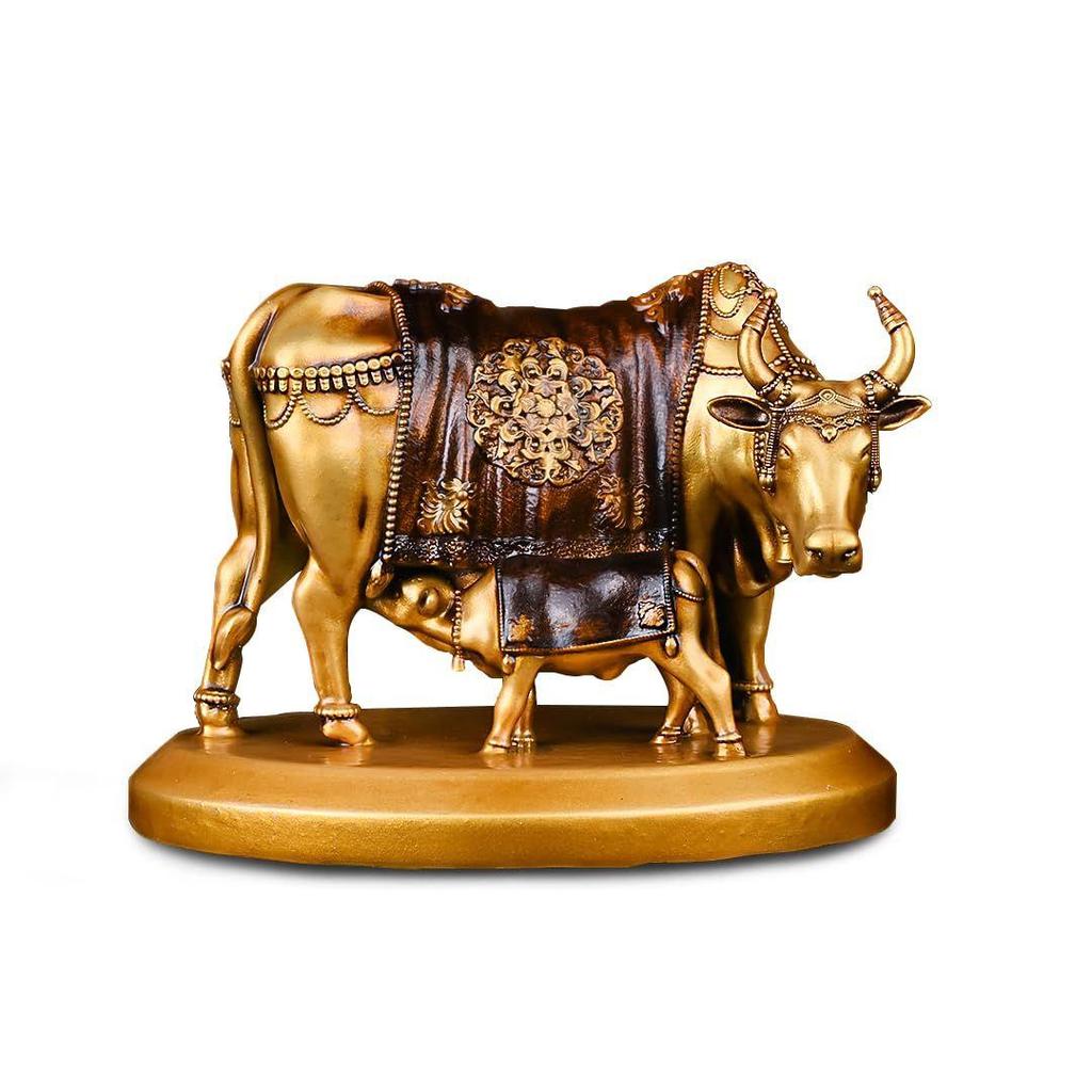 Handcrafted Kamdhenu Cow and Calf Statue Kamdhenu Cow with Calf Vastu Resin Fengshui Figurine for Car Dashboard Home Deocration Gifting Good Luck