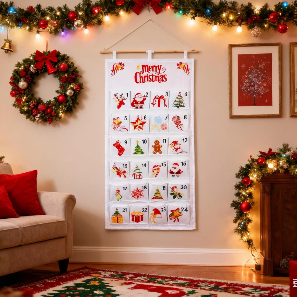 Calendar Advent with Pockets 24-Day Fillable Wall Decor Hangable Fabric Calendar with Pockets for Classroom Kindergarten Bedroom