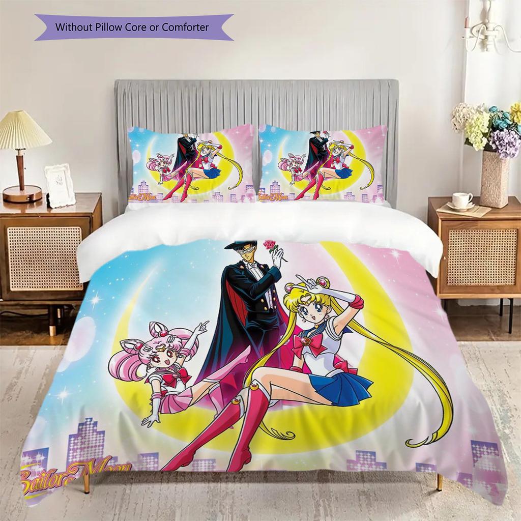 Süßes Cartoon-Thema Sailor Moon Tsukino Usagi Cartoon bequemer Heim-Bettbezug und Kissenbezug (1 * Bettbezug + 2 * Kissenbezug, ohne Füllung)A2