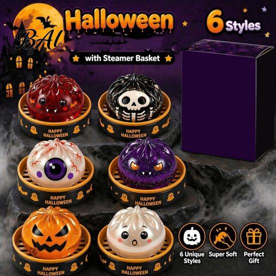 Dumpling Shaped Toy 1/6Pcs Halloween Stress Relief Toy, Devil Pumpkin Eyeball Skeleton Squeeze Party Favors Anxiety Reduction Dough Bun Fidget