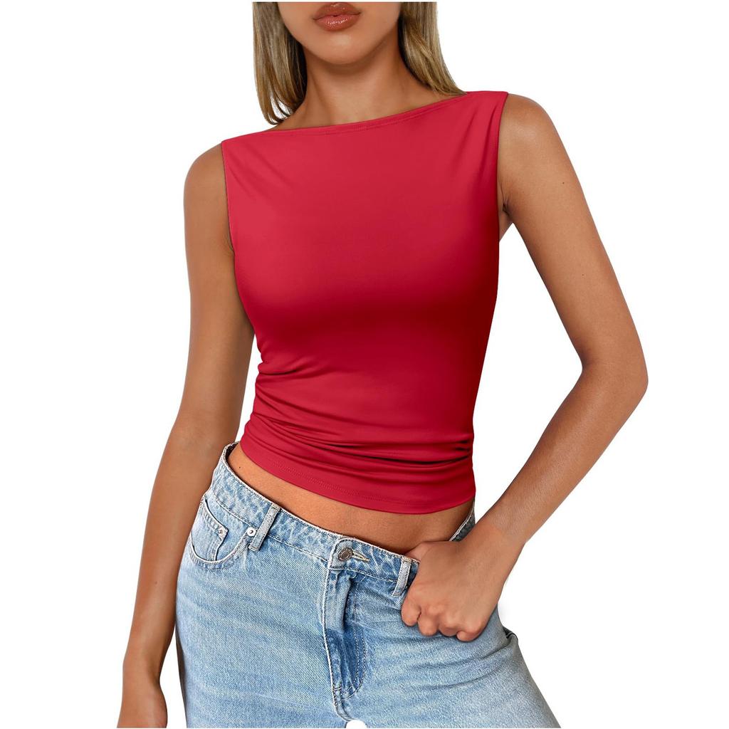 Women's Fashion Short Color Round Neck With Tight Sexy Tank Tops