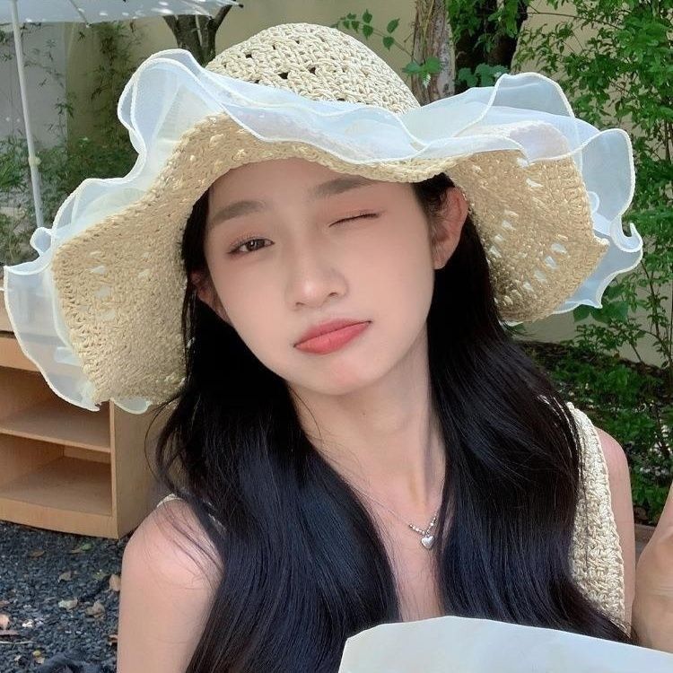 Lace straw sun hat children's large brim summer breathable straw hat seaside full face shading sun protection hat tide