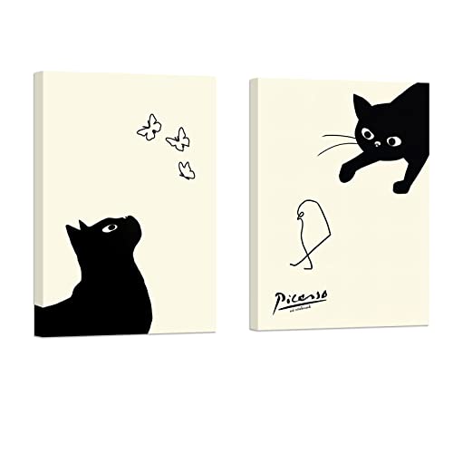Picasso Katzen- und Kükenbilder, Set of 2, Kunsttafel, Katze fängt einen Vogel, Kunsttafel, Kunstrahmen, Modernes Poster, Dekoratives Gemälde, Leinwand, Dekorativ