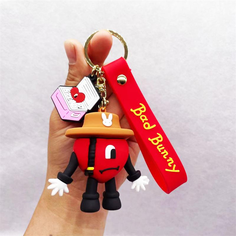 Mode 3D Niedlich Bad Bunny Herz Schlüsselanhänger Schlüsselring Für Frauen Männer Gummi Auto Schlüsselanhänger Schlüsselanhänger Anhänger Tasche Anhänger Zubehör
