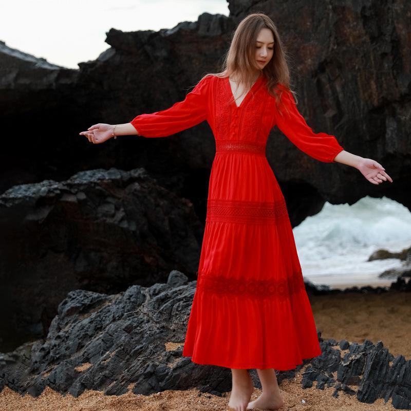 

Французское ретро красное платье с V-образным вырезом для весны и осени - Идеально для путешествий по пустыне XL