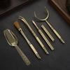 Brass Tea Ceremony Tools Set 5-Piece Grooming Kit Gongfu Brewing With Spoon Tongs Brush Knife Fork