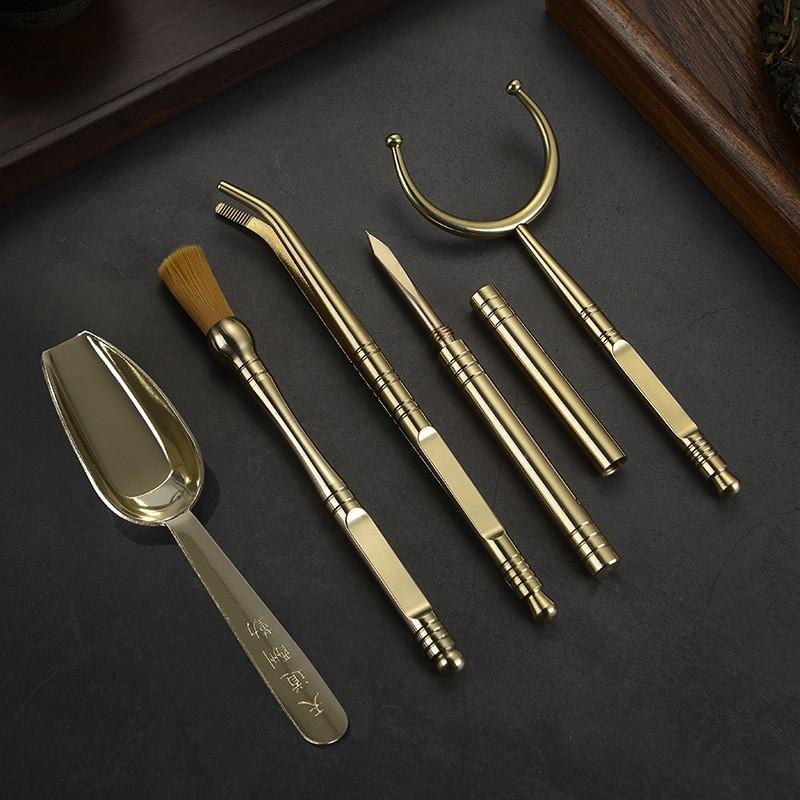 Brass Tea Ceremony Tools Set 5-Piece Grooming Kit Gongfu Brewing With Spoon Tongs Brush Knife Fork