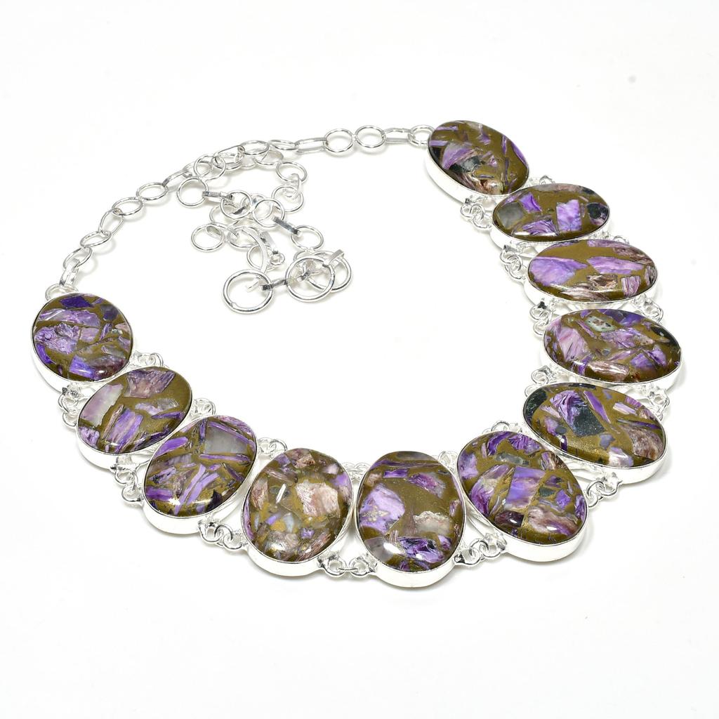 Natural Copper Charoite Gemstone Handmade 925 Sterling Silver Jewelry Copper Charoite Neclace Bracelet Set, Antique Jewelry Set, Gift For Wife