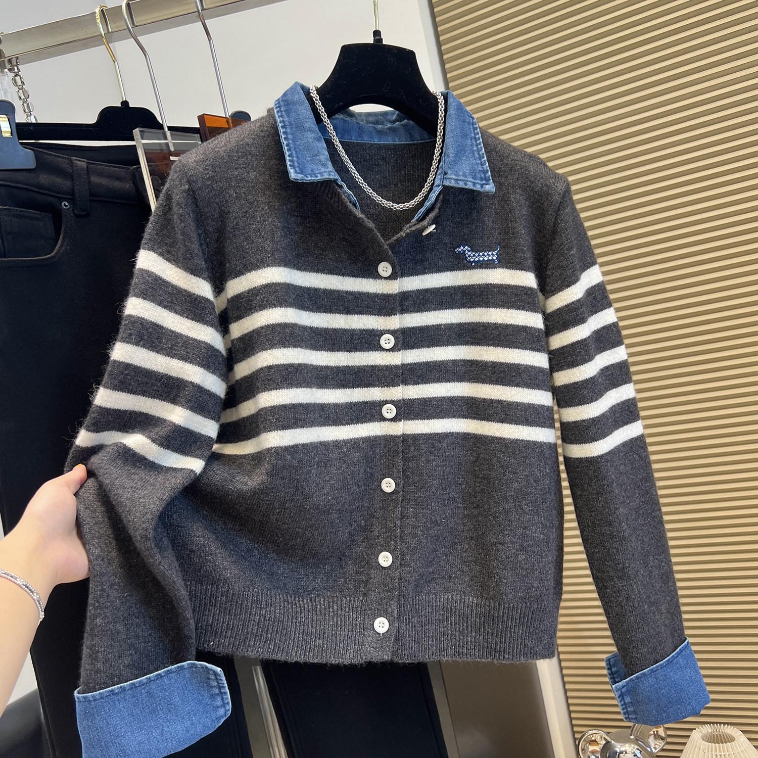 Korean Style Unique Knit Denim Lapel Cardigan Hoodie for Women 3XL