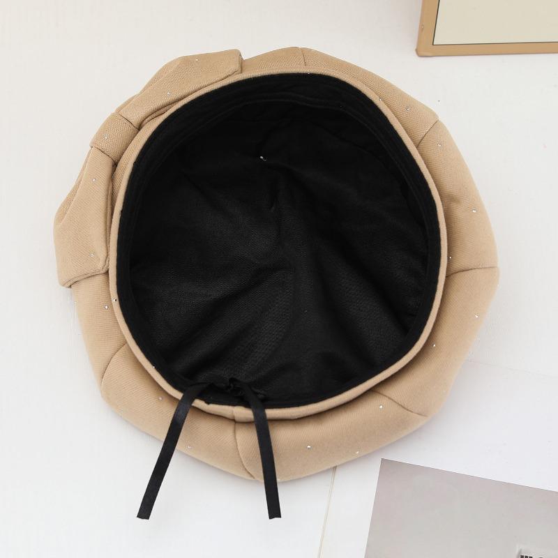 Women S Autumn Winter Rhinestone Beret Newsboy Hat Face Slimming Vintage Literary Cap