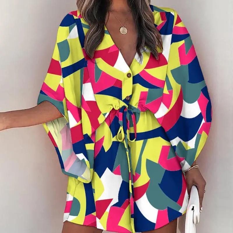 Damen Sommer V-Ausschnitt Bindeband Lässige Urlaubs Kleider