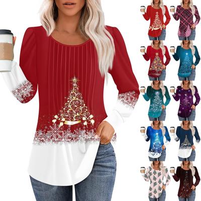 Long Sleeve Shirts For Women Tops Dressy Christmas Print Casual Blouses Pleated Scooped Neck Tunic Tops