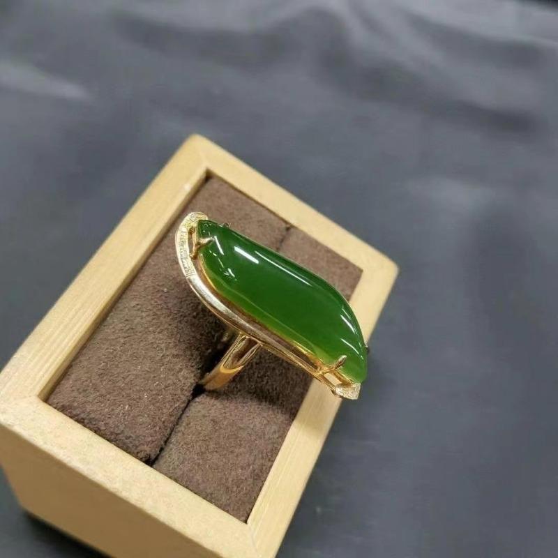 Fashion Natural An Jade Ring Classic Glossy  Inlaid Vintage Willow Leaf Green Rings For Women Fien Jewelry Adjustable