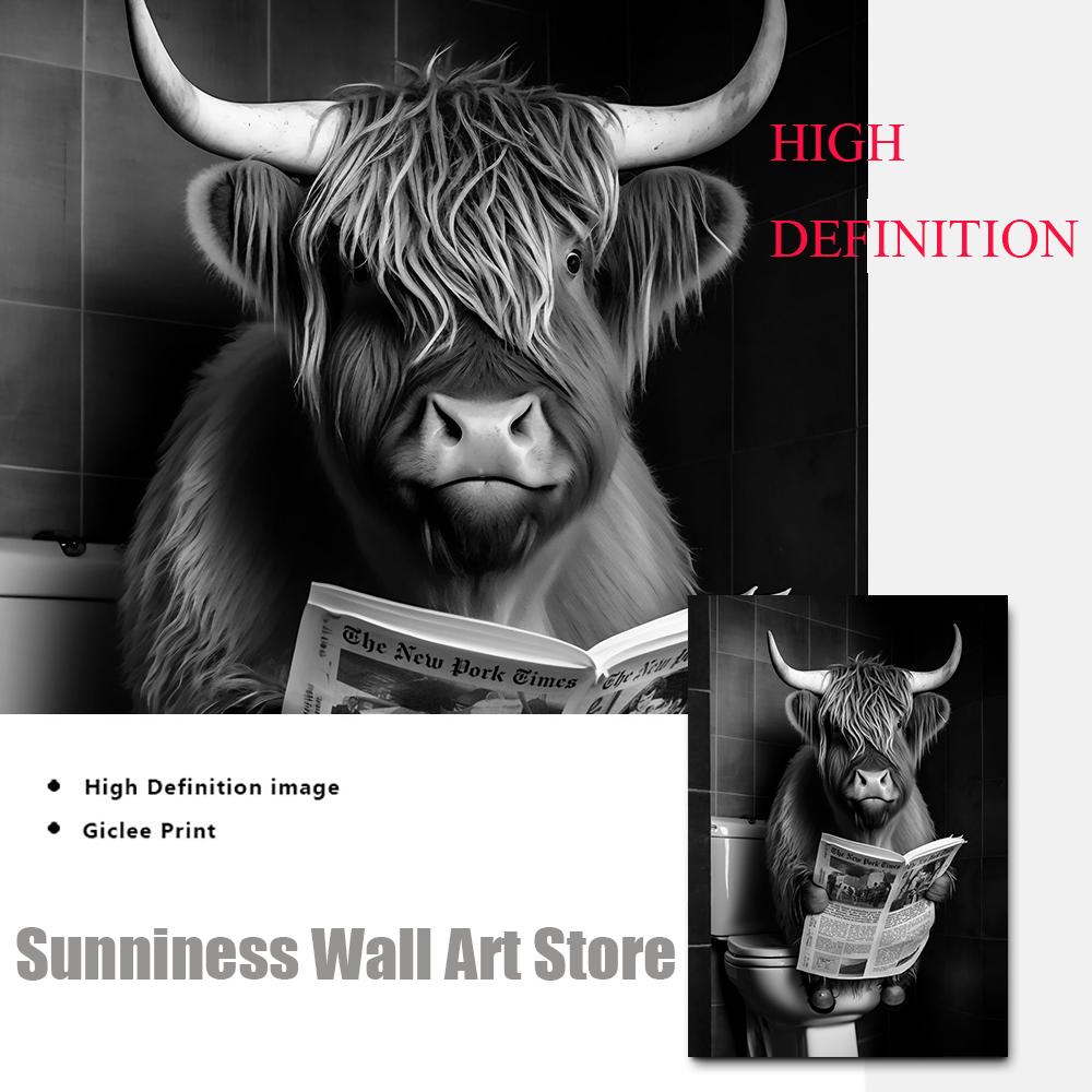 Funny Highland Cow Watch Newspaper In Toilet Canvas Prints Farmhouse Wall Art Poster For Bedroom Living Room Bathroom Home Decor