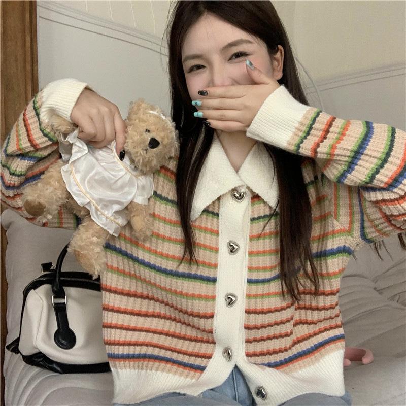 

Женский вязаный кардиган в радужную полоску - 2023 короткий стиль осенний свитер с длинными рукавами One Size