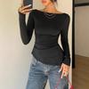 Women's Lace Patchwork Back Bow Irregular Blouse Women Slim Fit Long Sleeved Shirt Black Sexy Short Top Fashion Elegant Spring Summer Street Clothing