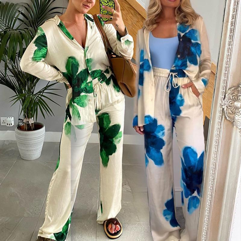 Women's Print Pants Sets Green Blue Floral Stain Long Sleeve Shirt+Elastic Waist Lace-Up Pants Woman Sets Beach Style