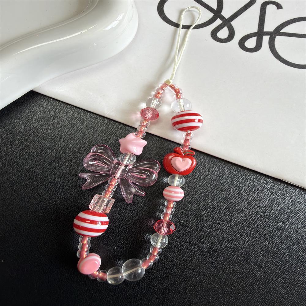 Pink Bow Beaded Phone Chain and Camera Lanyard Ornament Pink Bow Stripe Beaded Lanyard